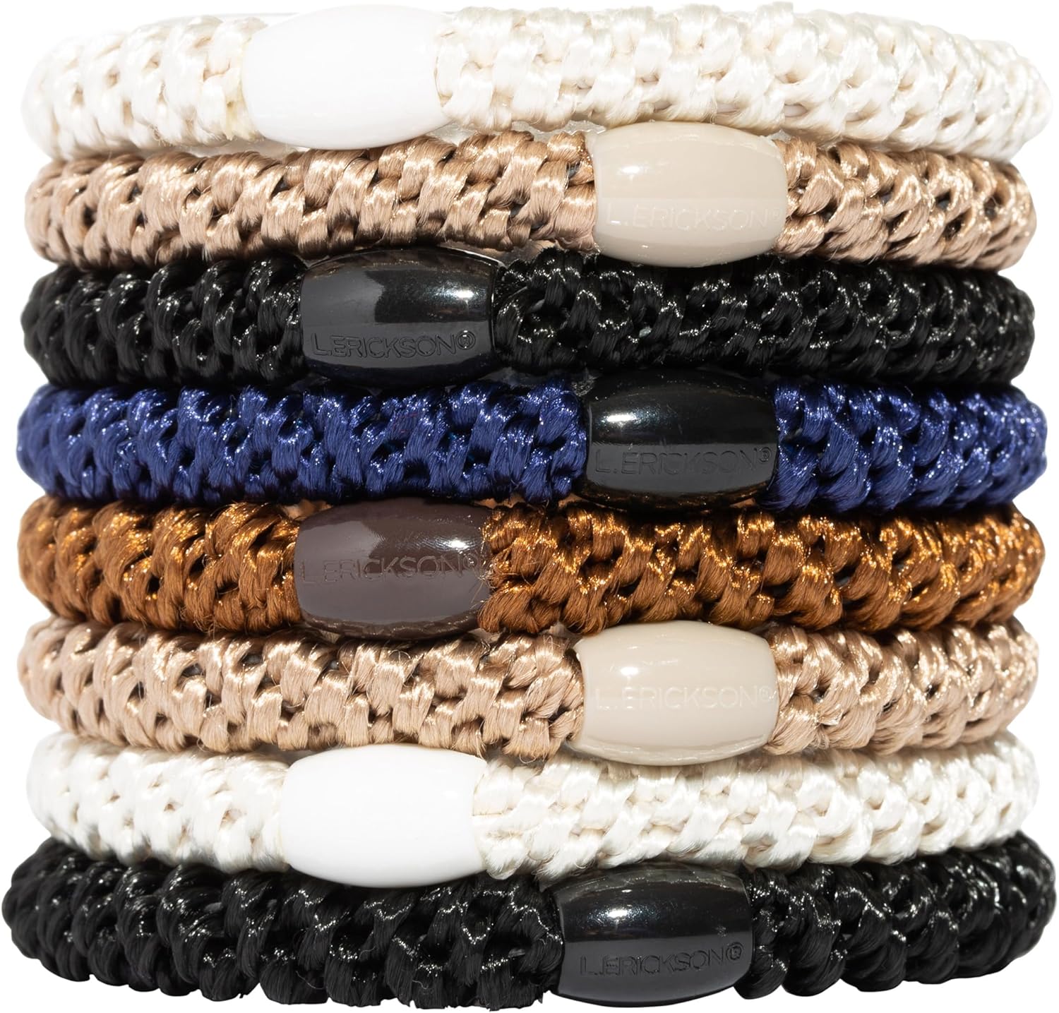 L. Erickson Brown and Black Hair Ties for Thick Hair, Grab & Go Ponytail Holders, 8 Pack, Classic, Thick No-Crease Bands with Strong Hold, Damage-Free Design, Everyday Neutral Style