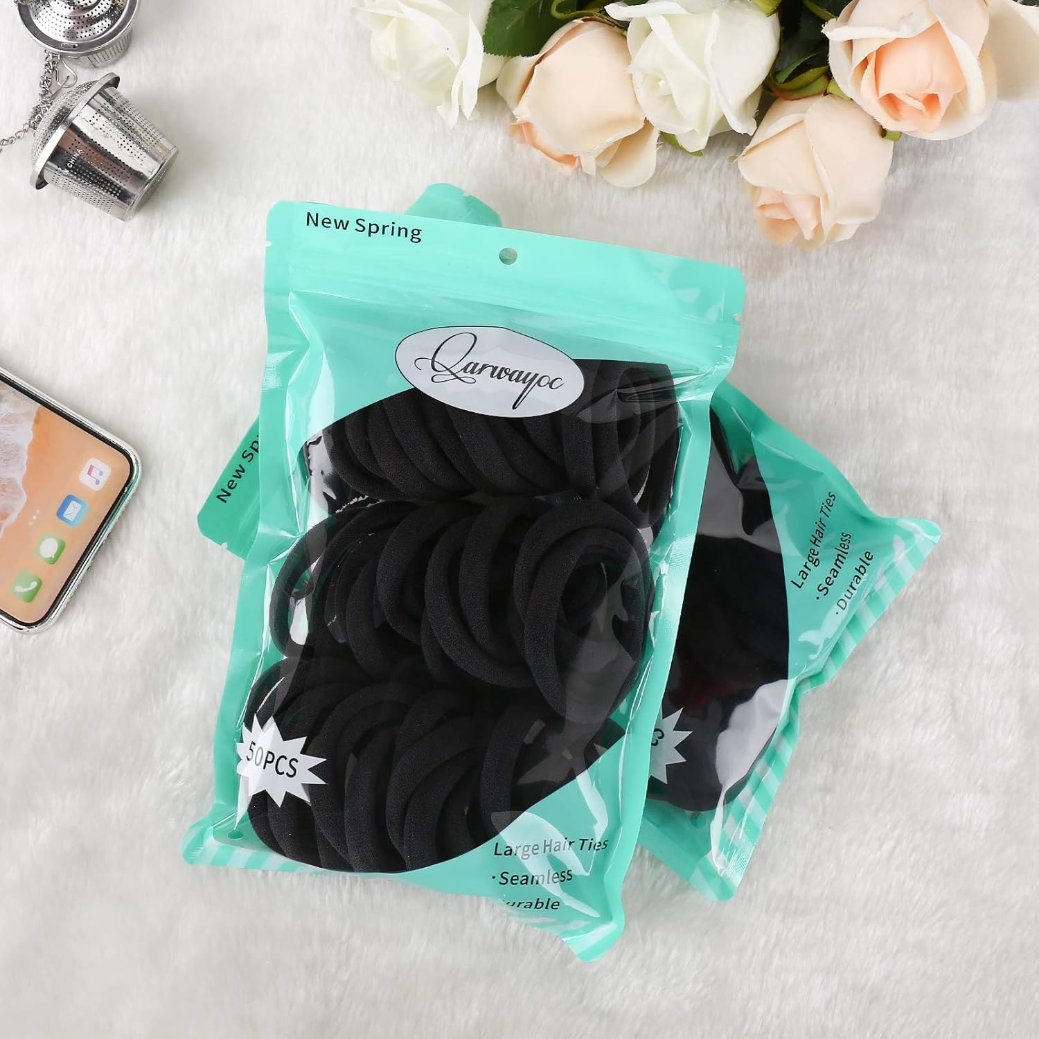 50PCS Black Hair Ties for Women, Cotton Seamless Hair Bands, Elastic Ponytail Holders, No Damage for Thick Hair, 2 Inch in Diameter, by Qarwayoc - Image 5